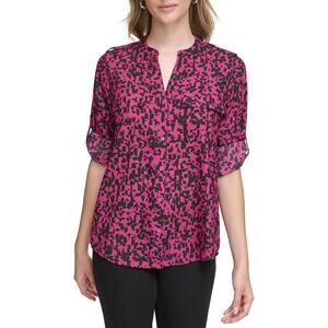 CALVIN KLEIN Geometric Long Sleeve Button Down Blouse Crepe Fuchsia NWOT Medium